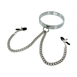 Chrome Slave S/M Collar with Nipple Clamps